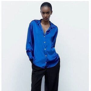 2/$30 Zara Vibrant Blue Satin Effect Button-Down Collared Blouse Top, Size M